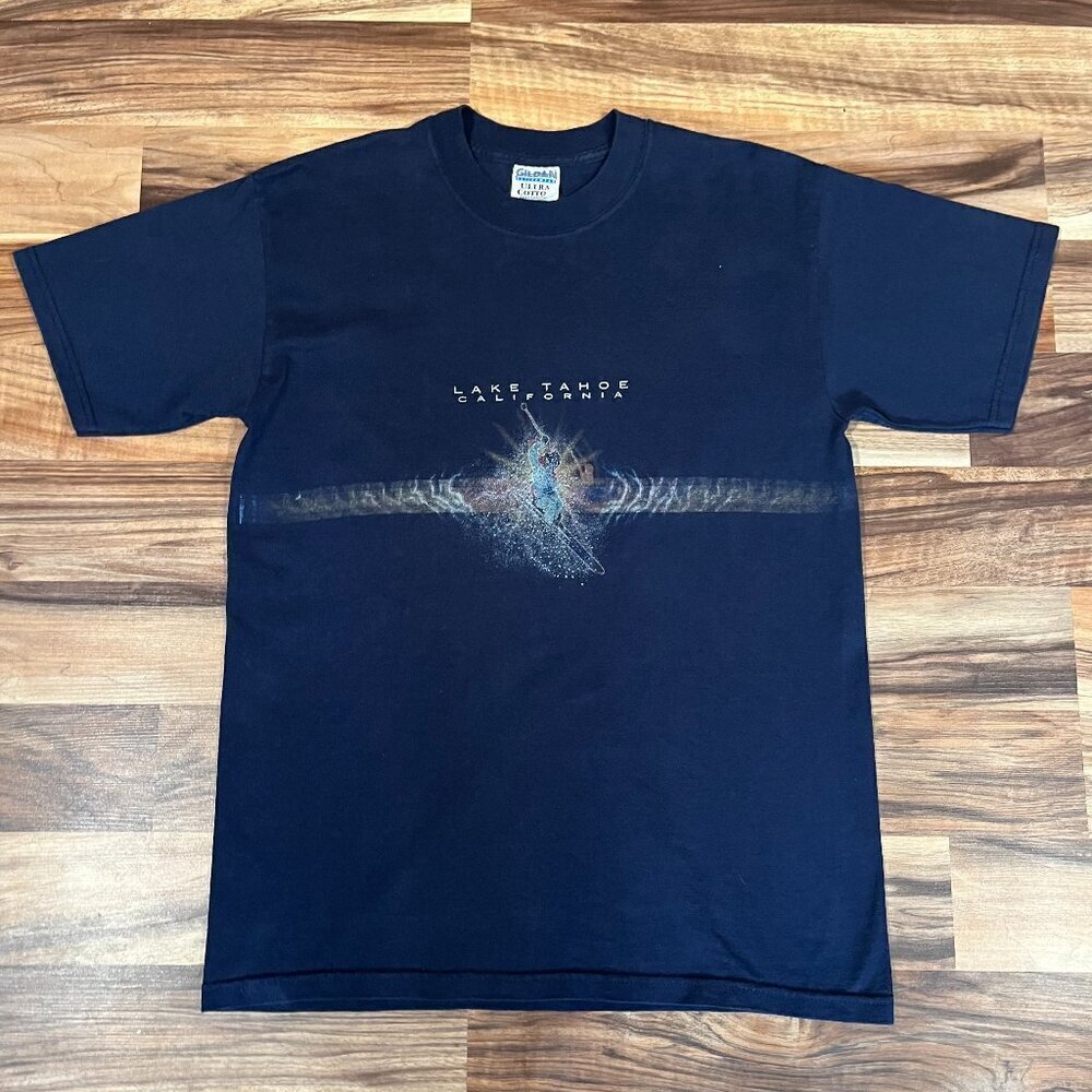 Lake Tahoe California Heavyweight Blue Unisex Graphic Skier T-Shirt Tee Vintage